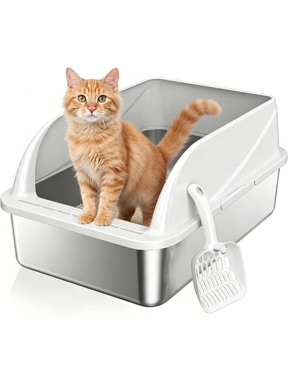 High-Sided Stainless Steel Cat Litter Box with Scoop - Durable, Easy Clean
